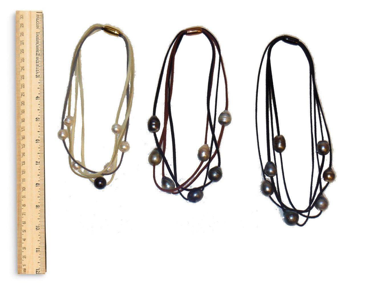 Tahitian & Freshwater Multi-Strand Pearl Necklace: Tan and Taupe Suede Cords. Elegant Magnetic Clasp from Barcelona