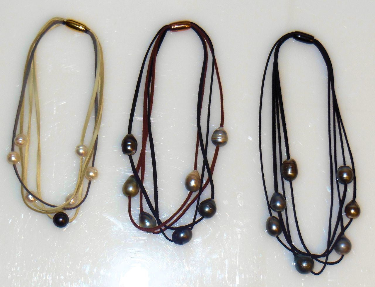 Tahitian & Freshwater Multi-Strand Pearl Necklace: Tan and Taupe Suede Cords. Elegant Magnetic Clasp from Barcelona