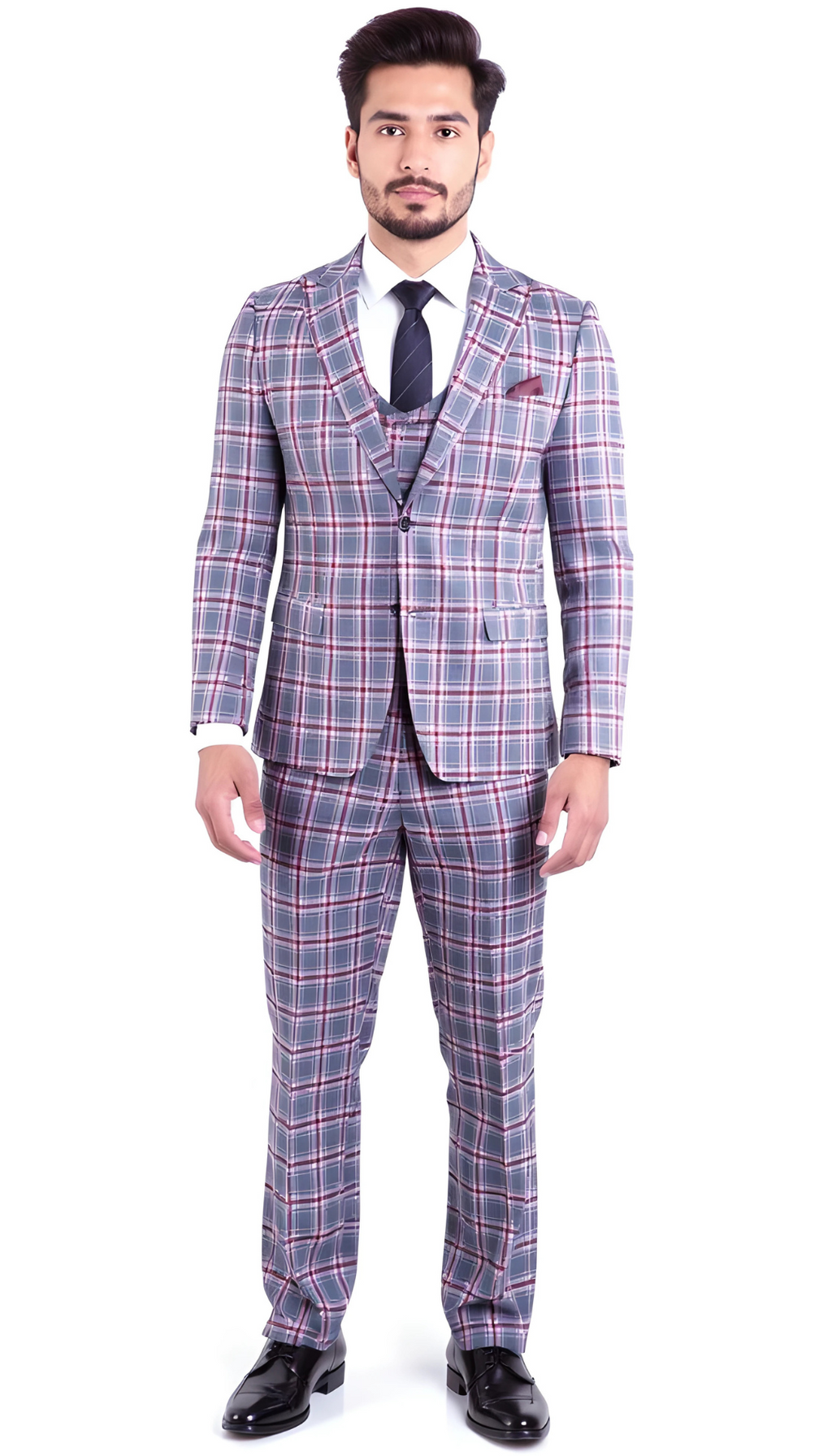 The Kingston Mens Grey/Red Checker Slim Fit 3 Piece Suit-1