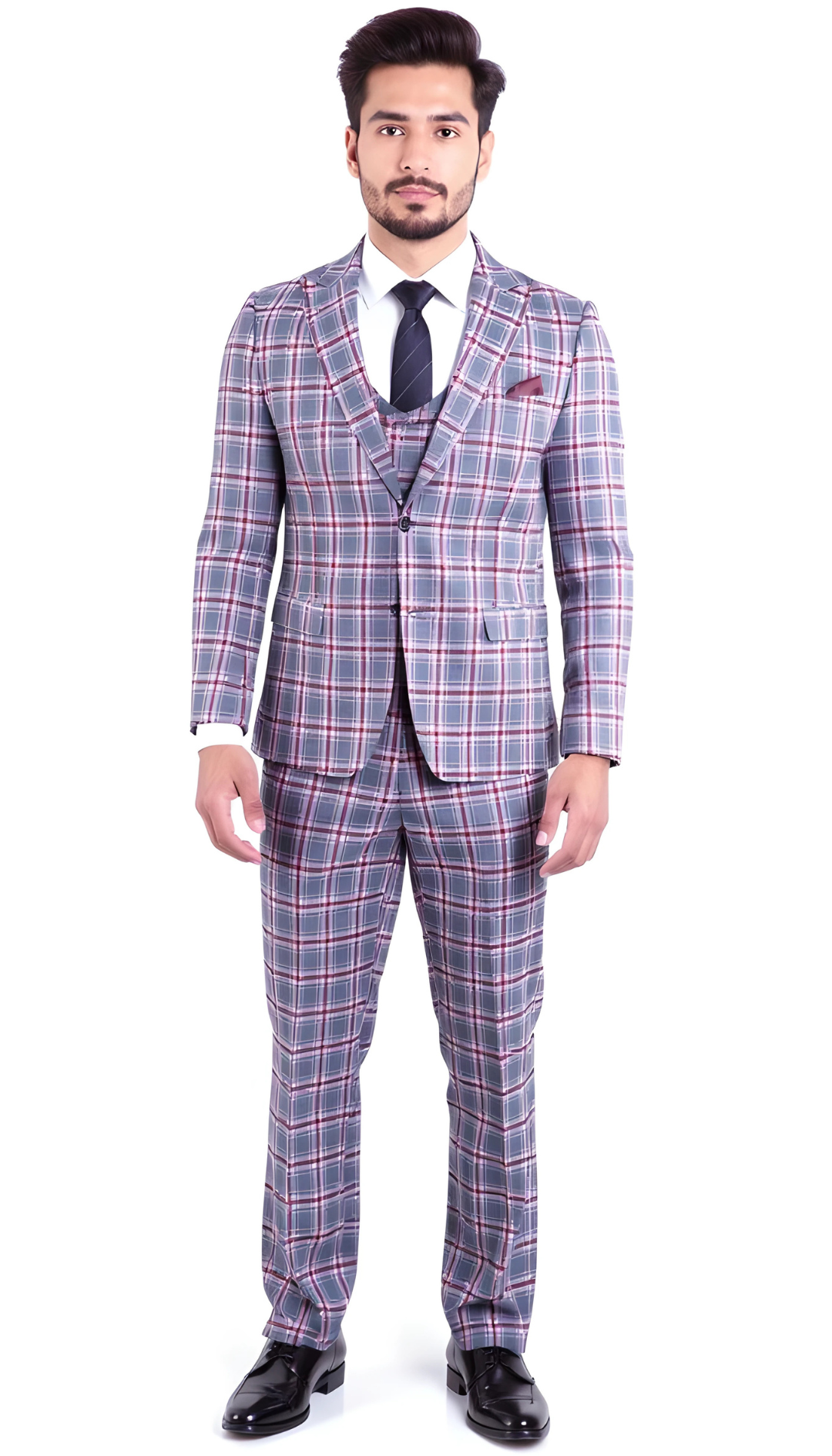 The Kingston Mens Grey/Red Checker Slim Fit 3 Piece Suit-1