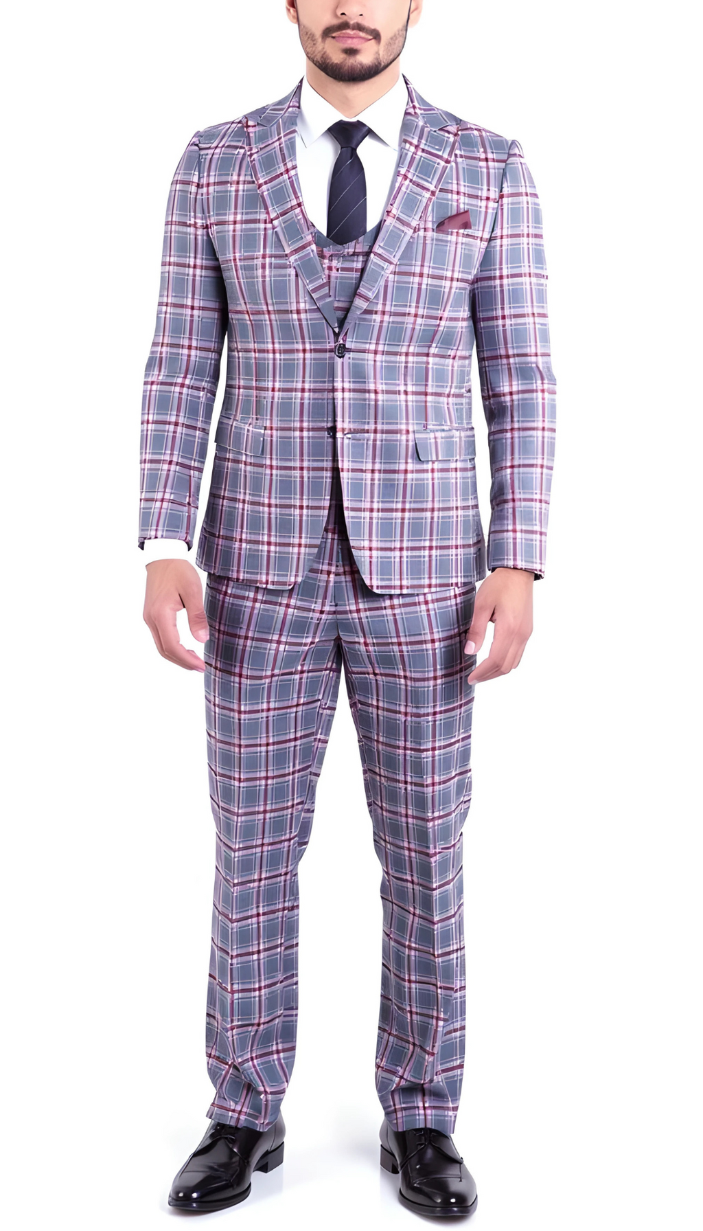 The Kingston Mens Grey/Red Checker Slim Fit 3 Piece Suit-0