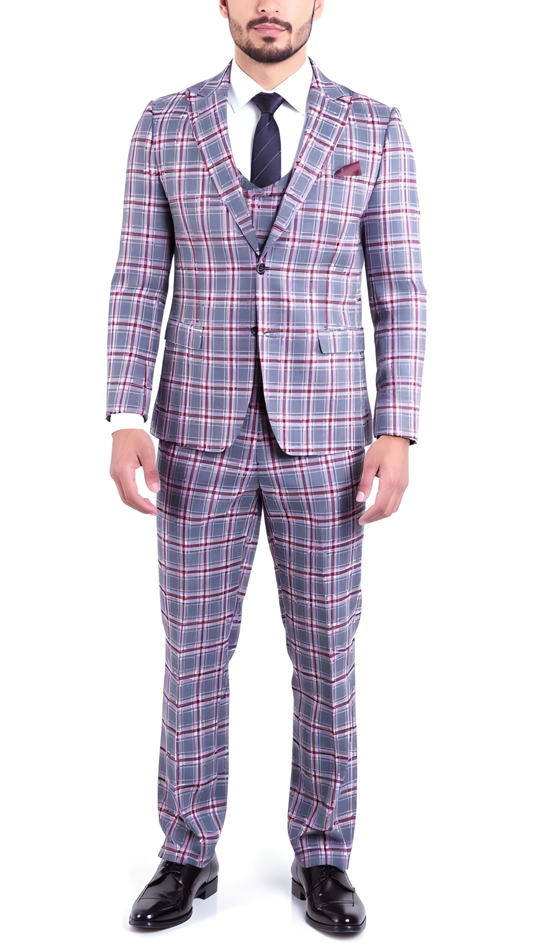 The Kingston Mens Grey/Red Checker Slim Fit 3 Piece Suit-0