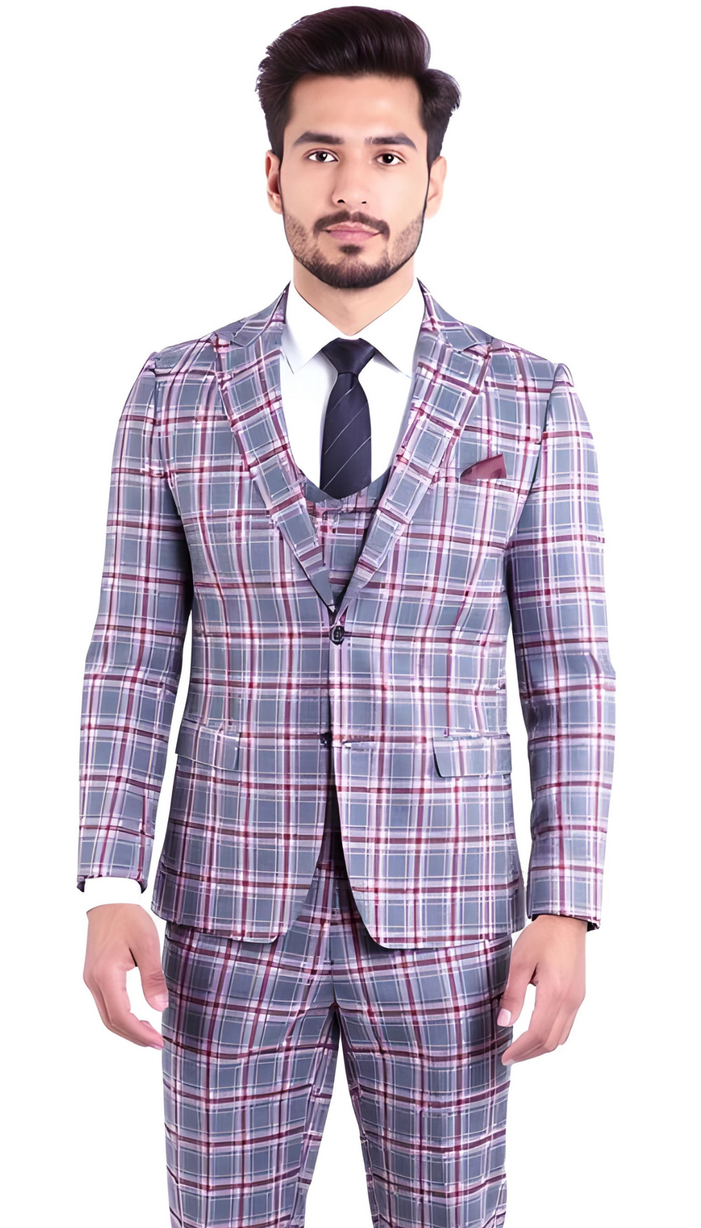 The Kingston Mens Grey/Red Checker Slim Fit 3 Piece Suit-2