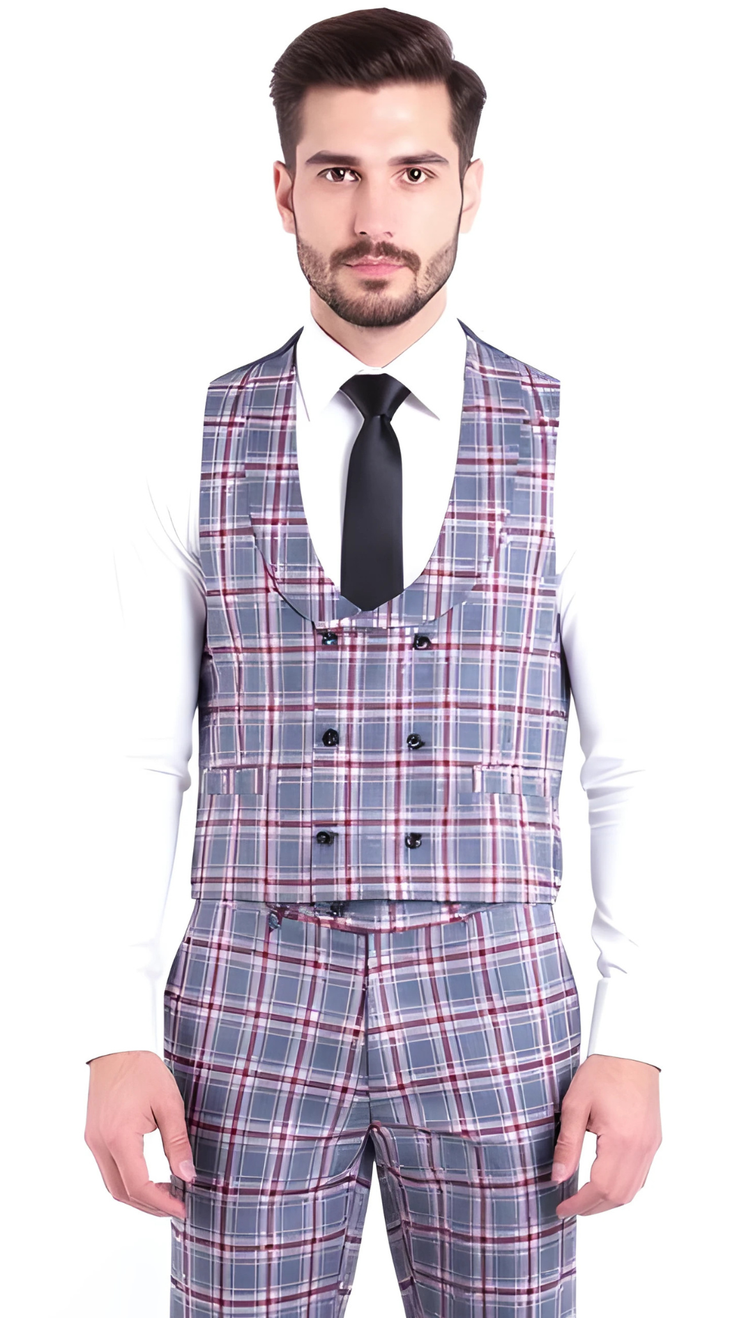 The Kingston Mens Grey/Red Checker Slim Fit 3 Piece Suit-3