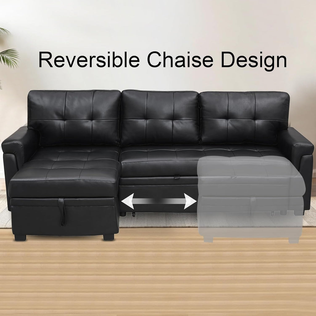 Sleeper Sectional Sofa Black Leather With Convertible Bed