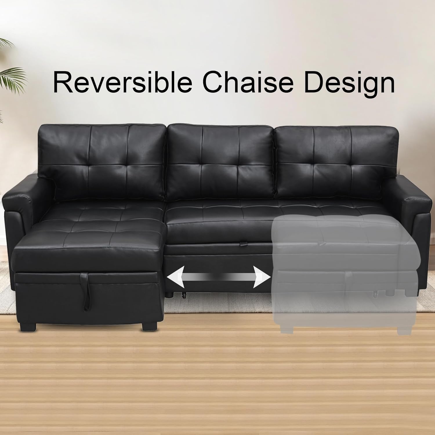 Sleeper Sectional Sofa Black Leather With Convertible Bed