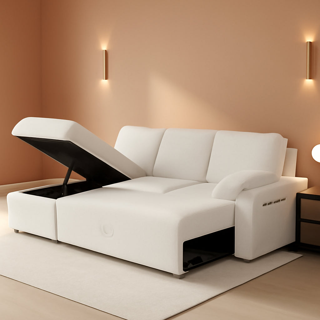 Sleeper Sofa Bed With Storage Chaise In White Boucle