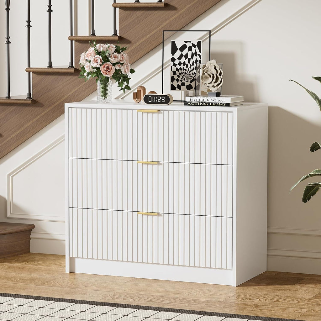 White Contemporary Dresser With Three Drawers And Fluted Panels