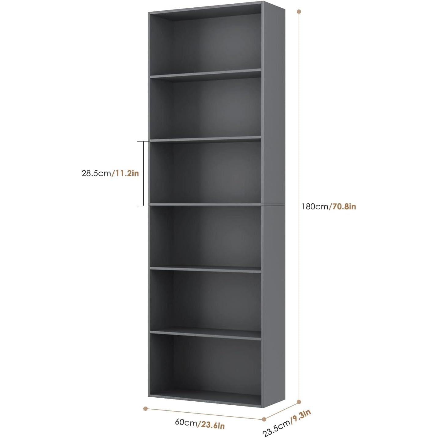 Six Tier Open Bookcase Freestanding Dark Gray Storage
