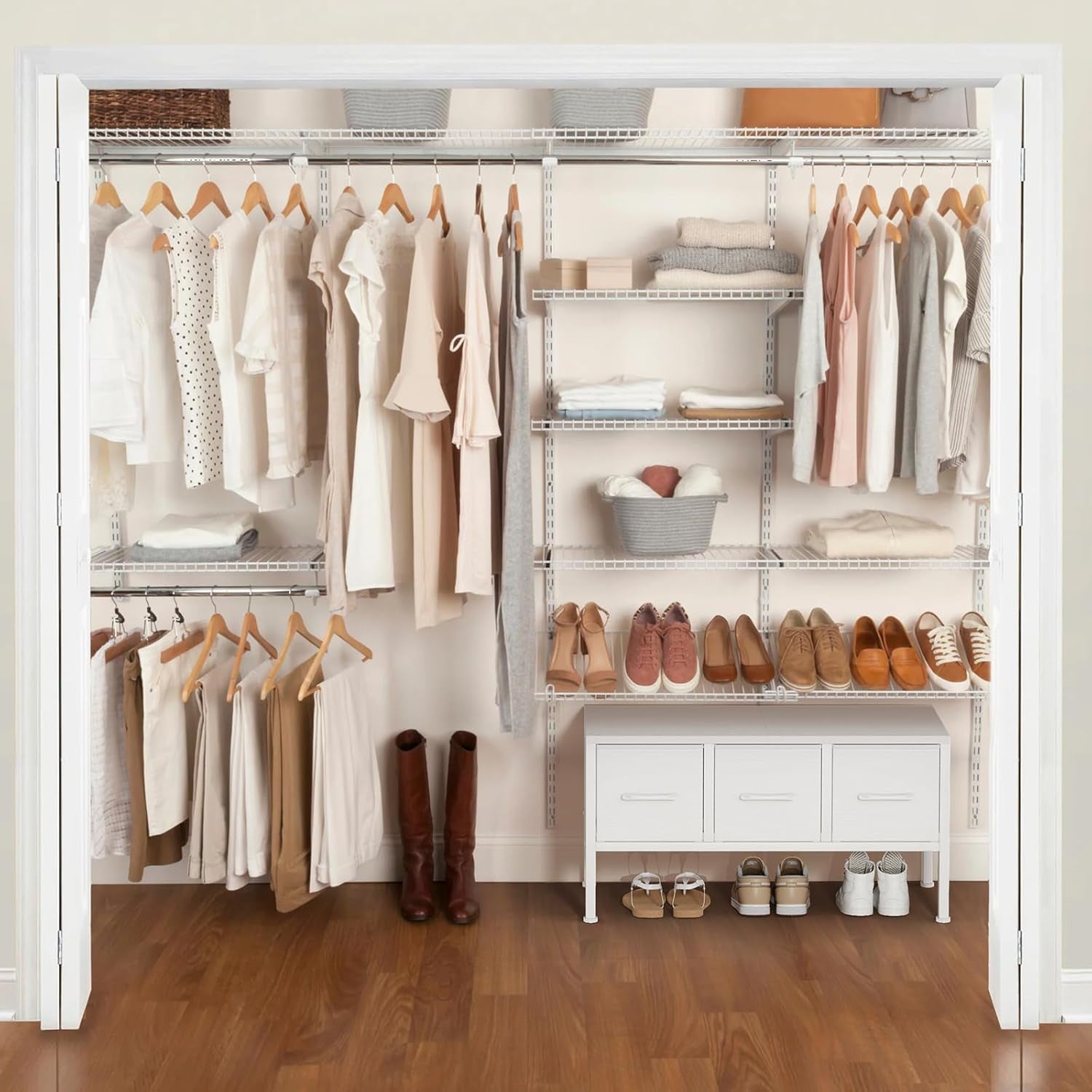 White Closet Storage Organizer With Fabric Drawers