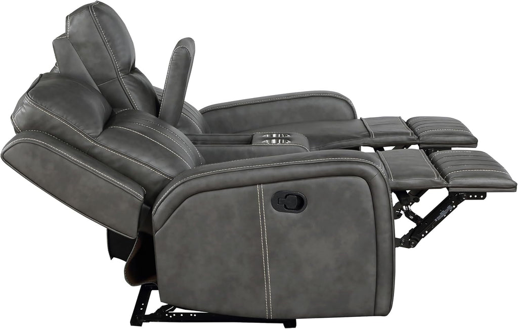 Gray Faux Leather Reclining Loveseat With Manual Recline