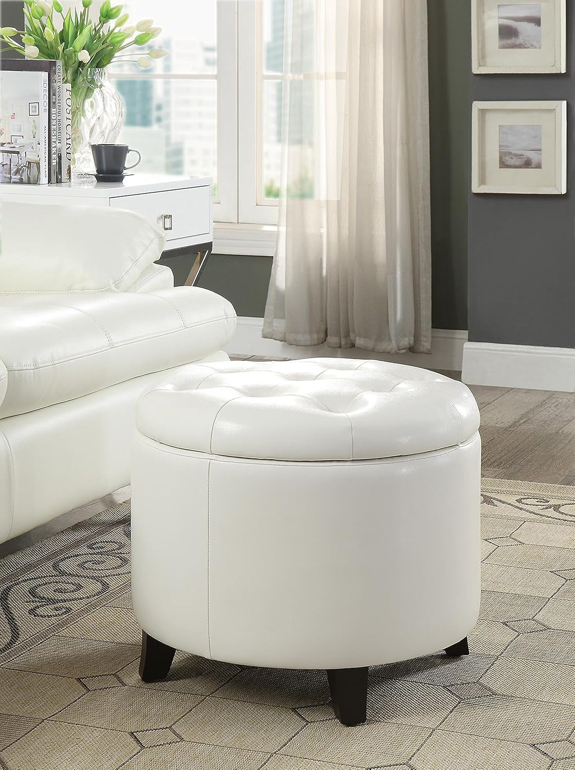 Round Storage Ottoman Ivory Faux Leather Nineteen Point Seven Five Inches-1