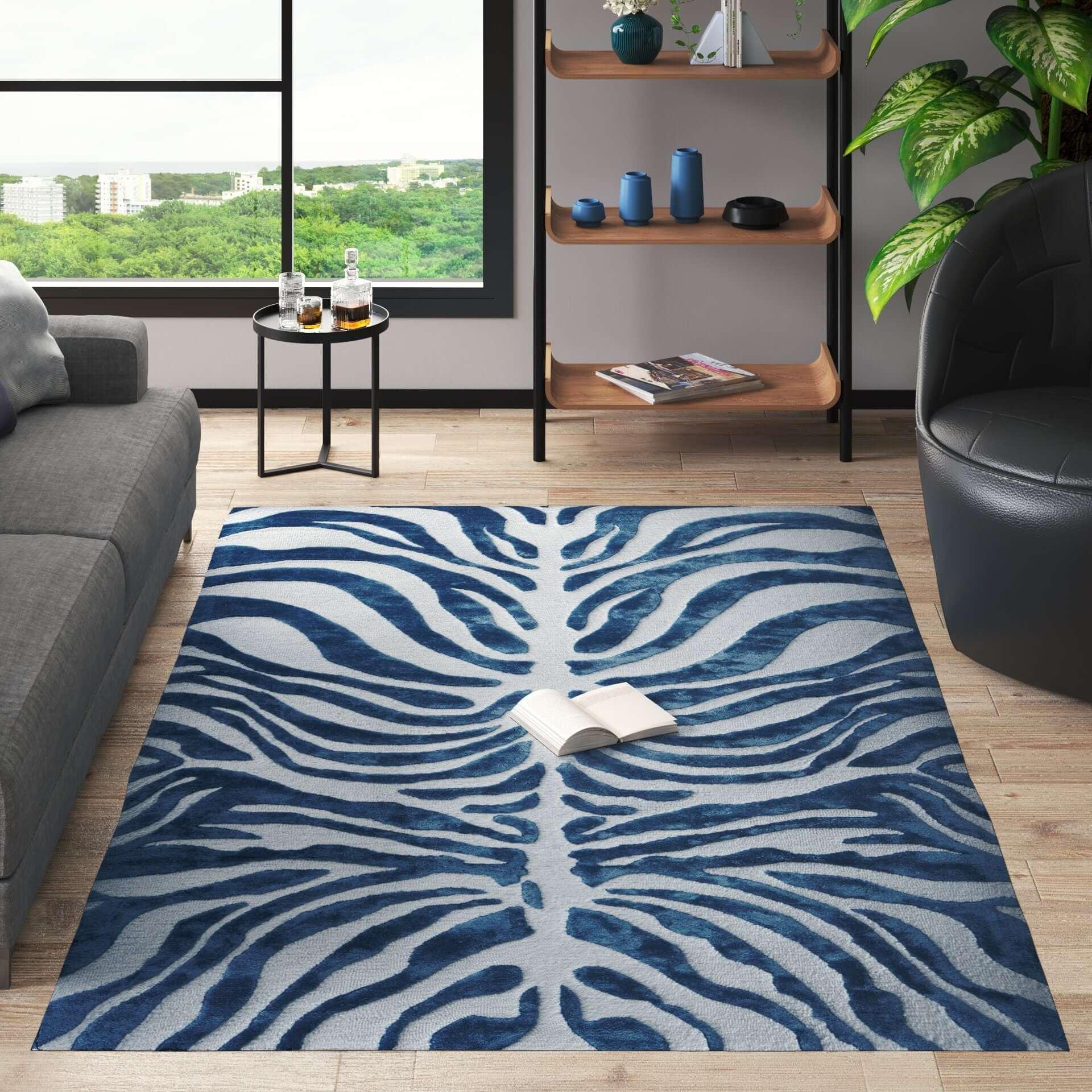 Canvello Bamboo Silk Rug, New Apartment Gift, Floorcloth, TIGER Printed Rug, Minimalist Blue And White Panther Style Transitional WOOL RUG 5X8 ft
