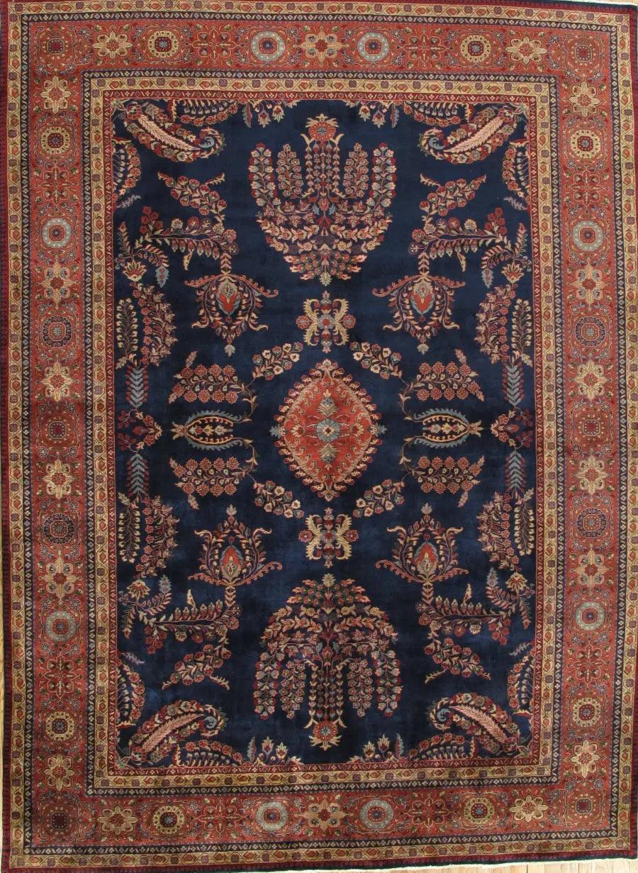 Canvello Sarouk Hand-Knotted Navy Lamb's Wool Area Rug- 9' X 12'6"