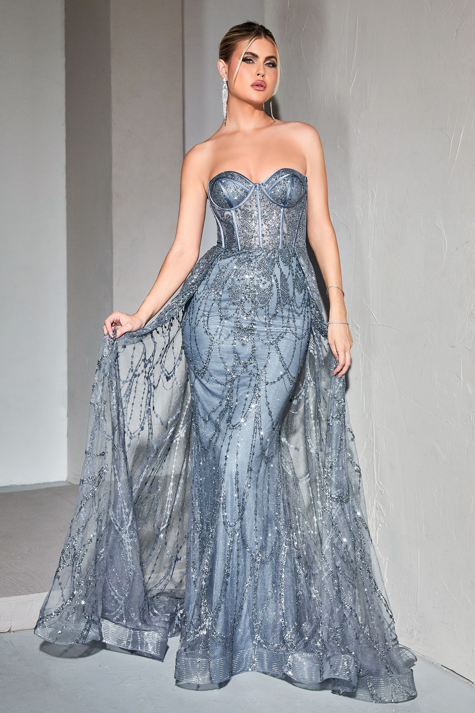 Strapless Lace Fitted Gown With Over Skirt
