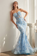Strapless Butterfly Print Mermaid Gown