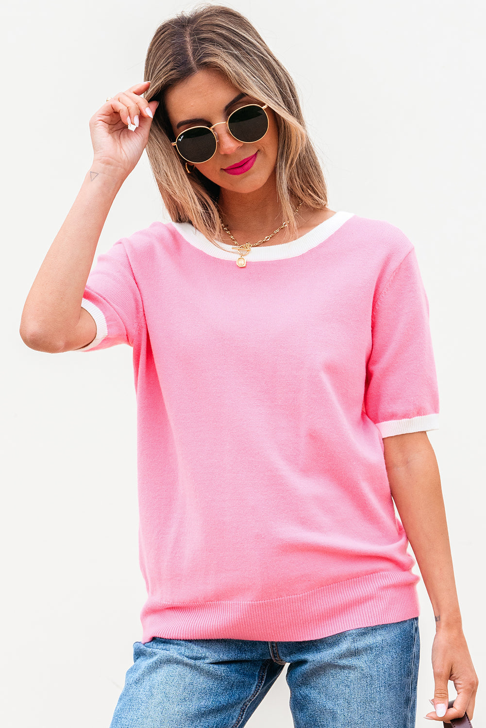 Mercy Bow V-Shape Cut Back Short Sleeve Sweater