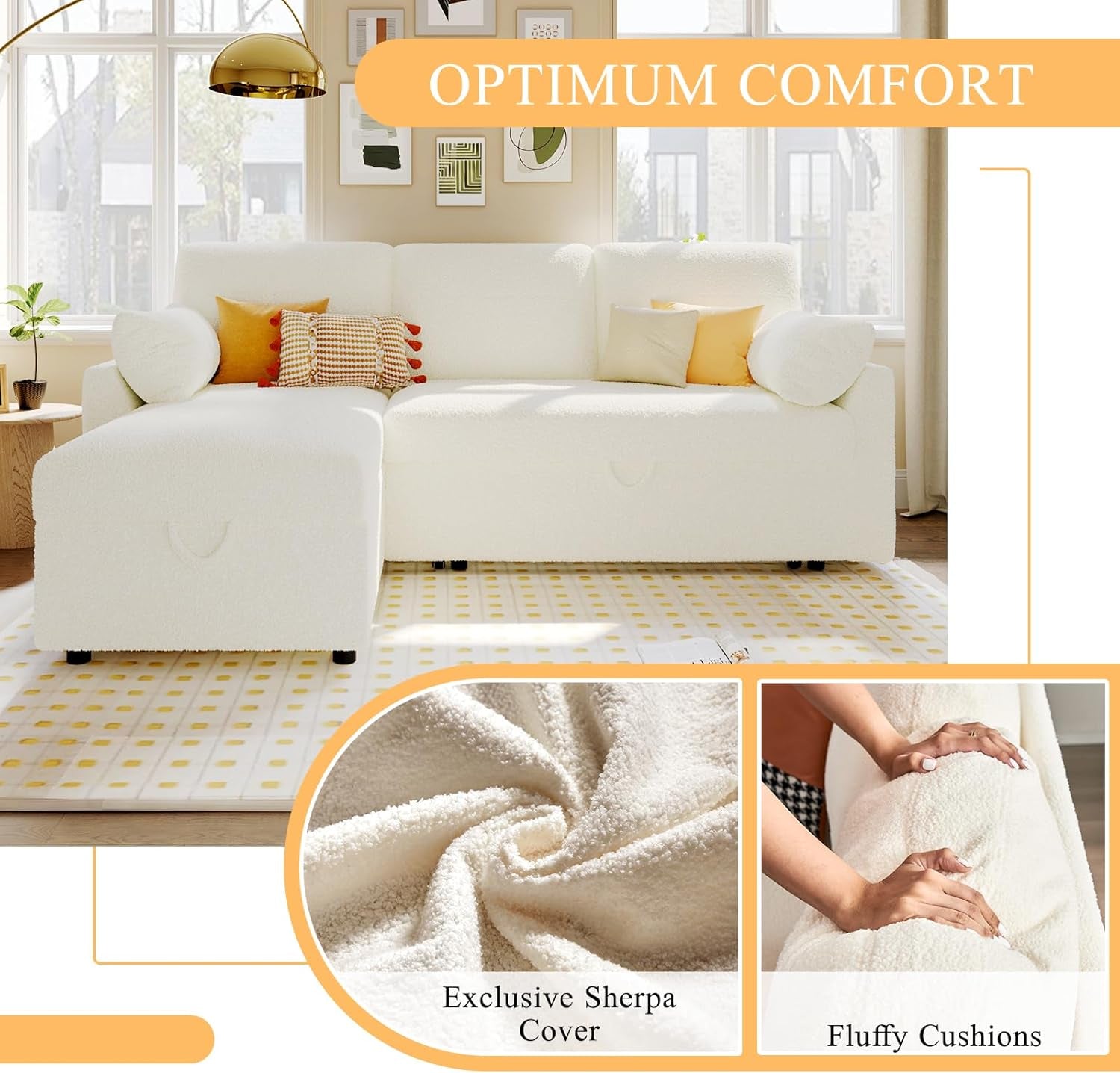 Sleeper Sofa Bed With Storage Chaise In White Boucle