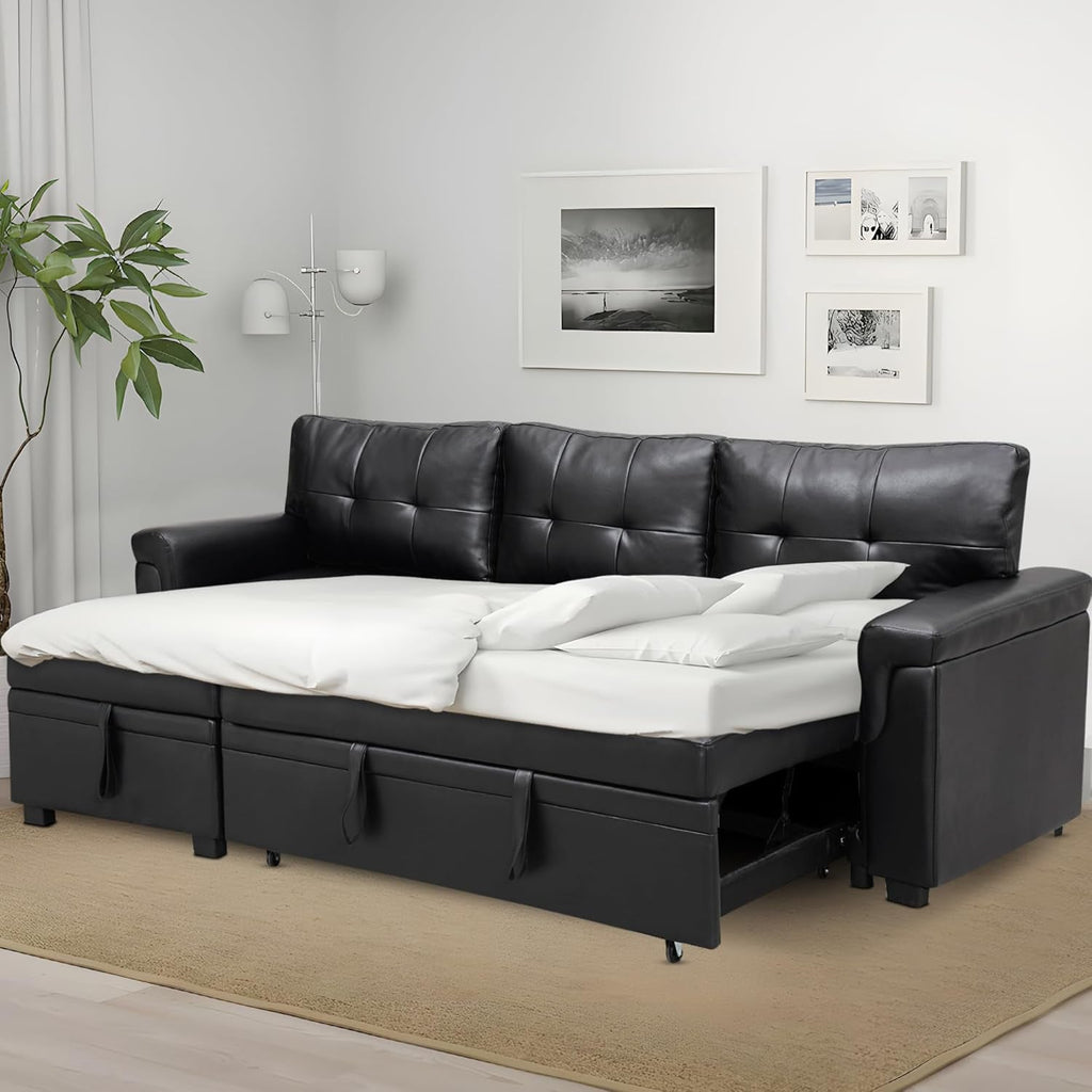 Sleeper Sectional Sofa Black Leather With Convertible Bed