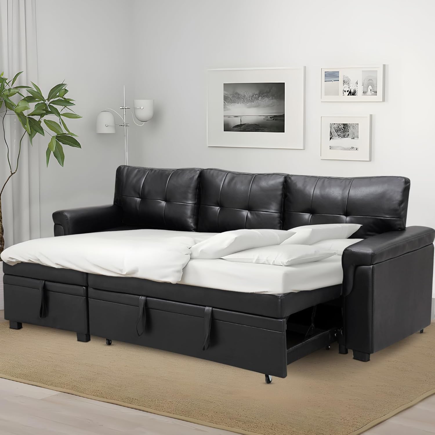 Sleeper Sectional Sofa Black Leather With Convertible Bed
