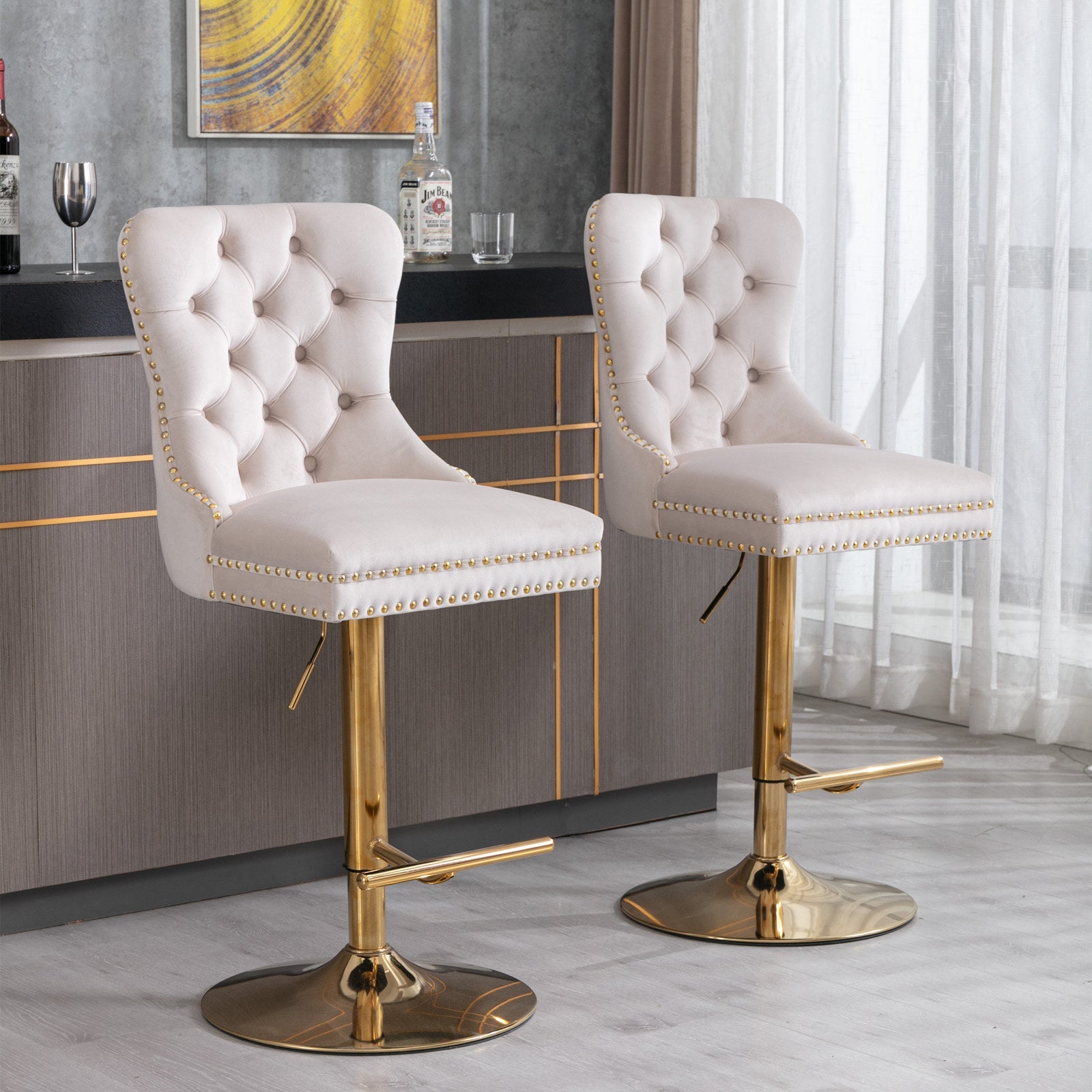 Set of 2 Thick Golden Swivel Velvet Barstools