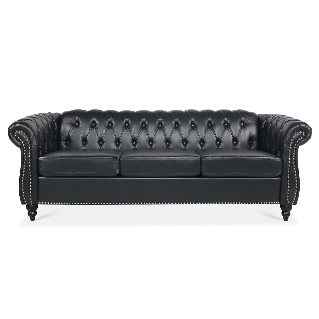 Black PU Rolled Arm Chesterfield Three Seater Sofa