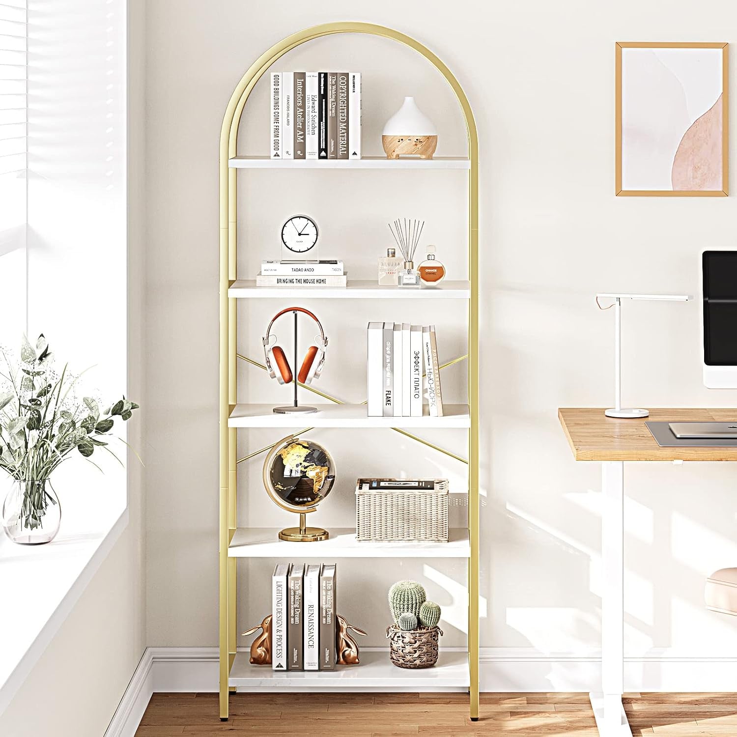 5 Tier Bookshelf Arched Display White Gold Metal Frame Bookcase