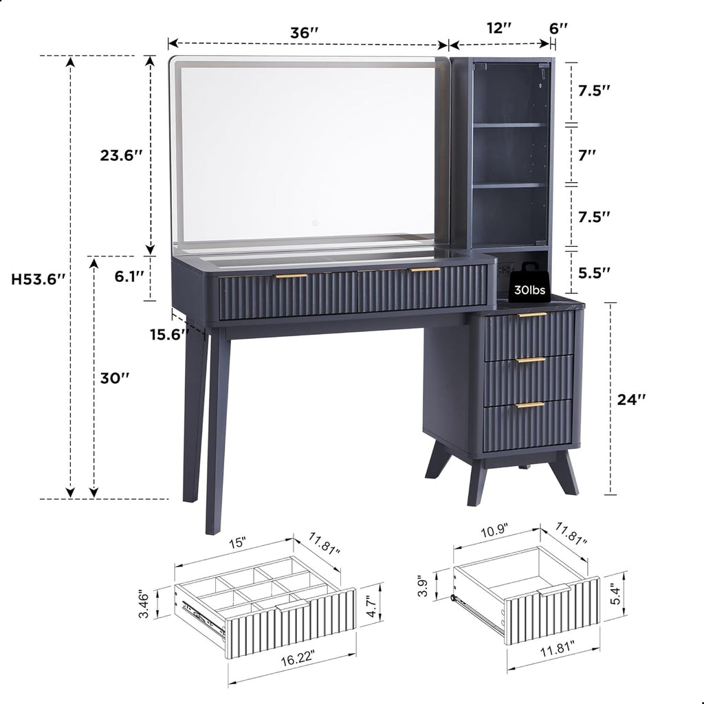 48 Inches Charcoal Grey Vanity Desk Illuminated Mirror
