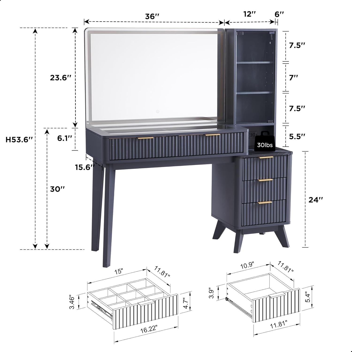 48 Inches Charcoal Grey Vanity Desk Illuminated Mirror