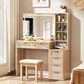 Rattan Vanity Desk Forty Three Point Five Inch GlassTop Mirror Lighting Natural Wood