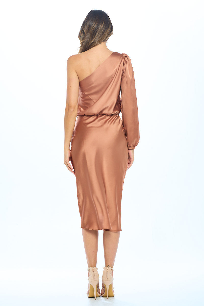 Satin One Shoulder Bodycon Dress w/ Asymmetric Hem