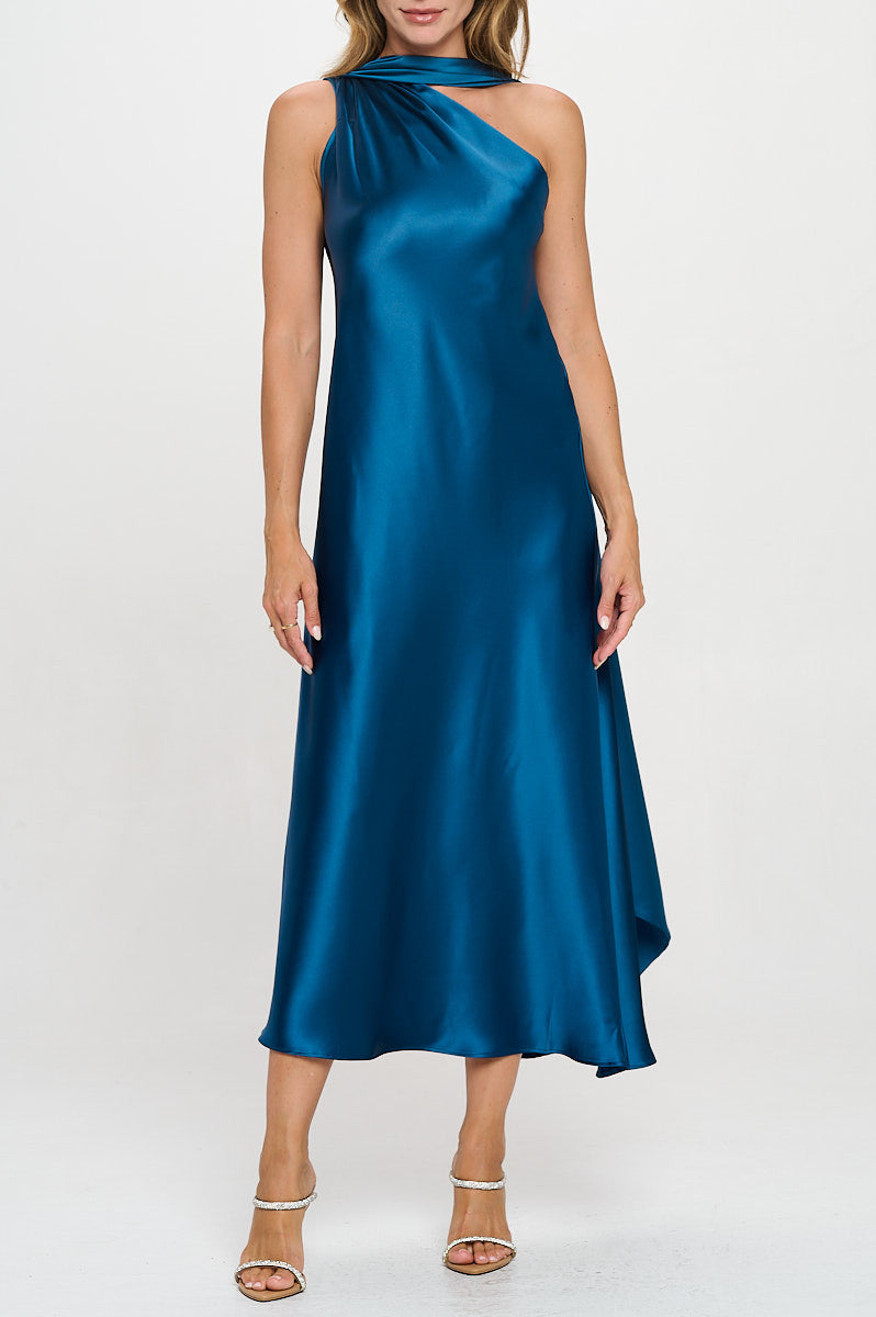 One Shoulder Satin Maxi Dress with Scarf Detail