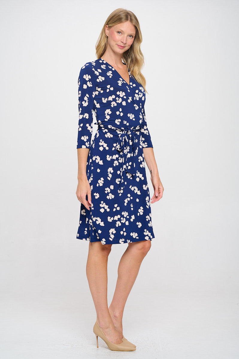 Print V neck Jersey Wrap Dress with Tie