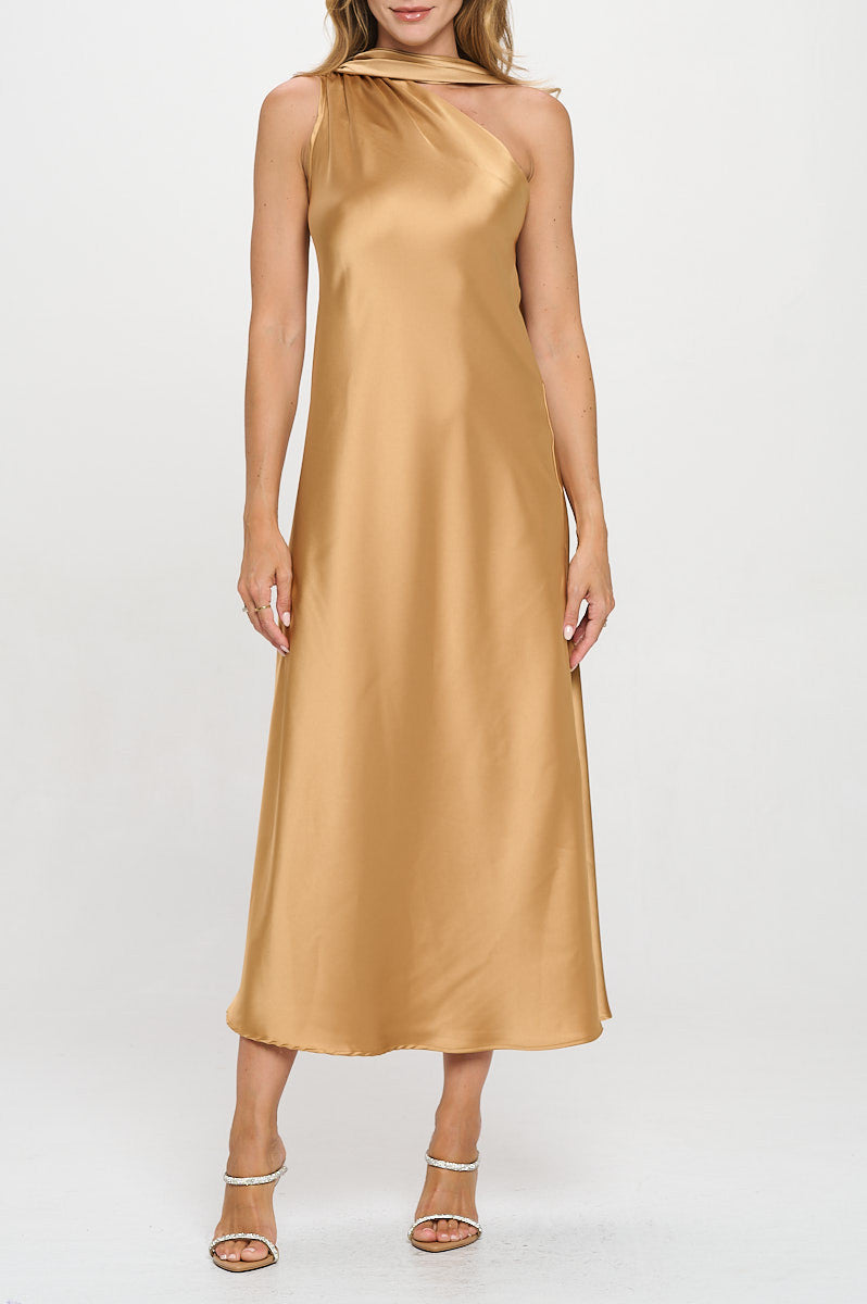 One Shoulder Satin Maxi Dress with Scarf Detail
