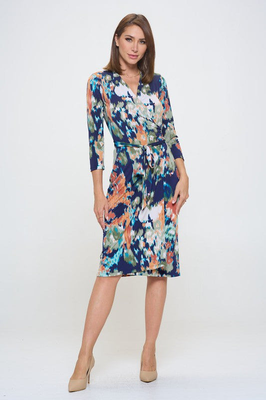 Abstract Print V neck Jersey Wrap Dress with Tie