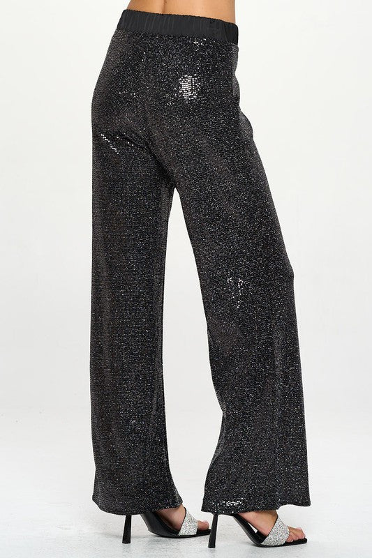 Sequins Wide Leg Pants with Satin Waistband