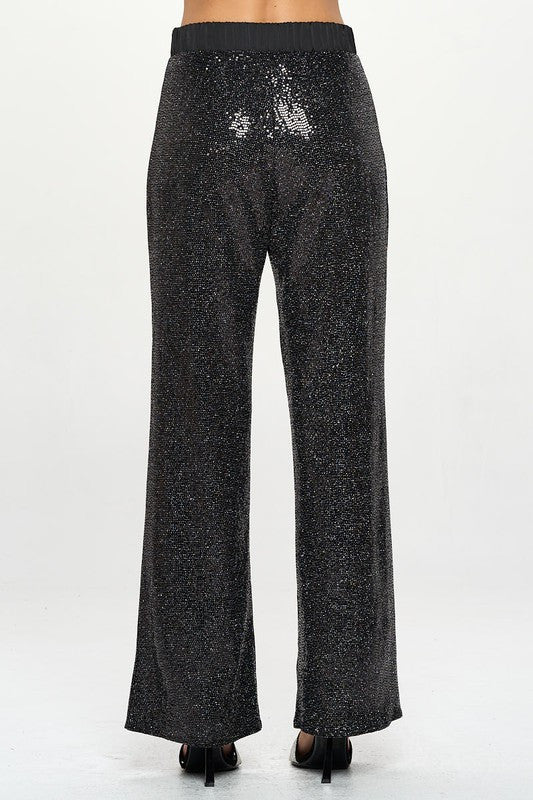 Sequins Wide Leg Pants with Satin Waistband