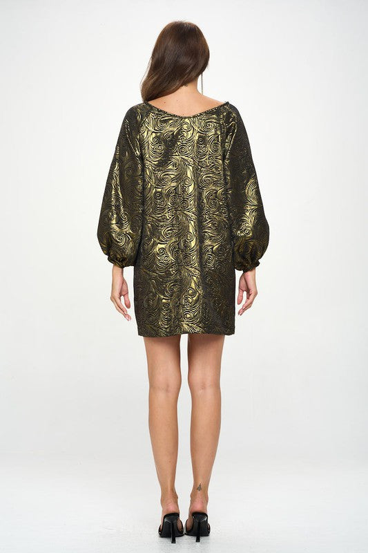 Jacquard Viscose Scoop Neck Dress with Puff Cuffed Sleeve