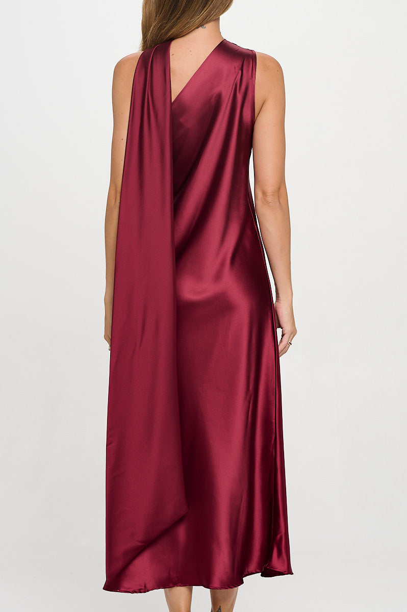 One Shoulder Satin Maxi Dress with Scarf Detail