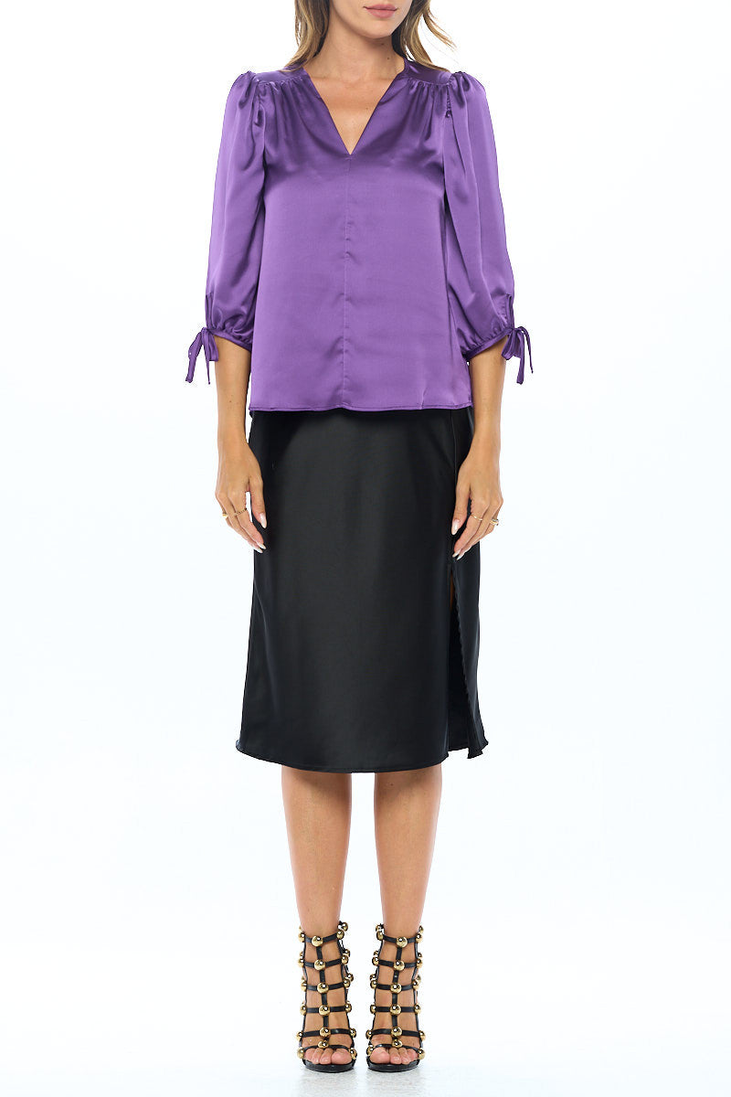Stretch Satin Bold V neck Top with Tie Sleeve-4