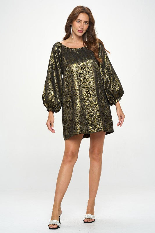Jacquard Viscose Scoop Neck Dress with Puff Cuffed Sleeve