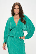 Plisse V neck Top with Balloon Dolman Sleeve-0