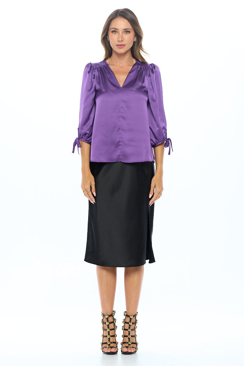 Stretch Satin Bold V neck Top with Tie Sleeve-5