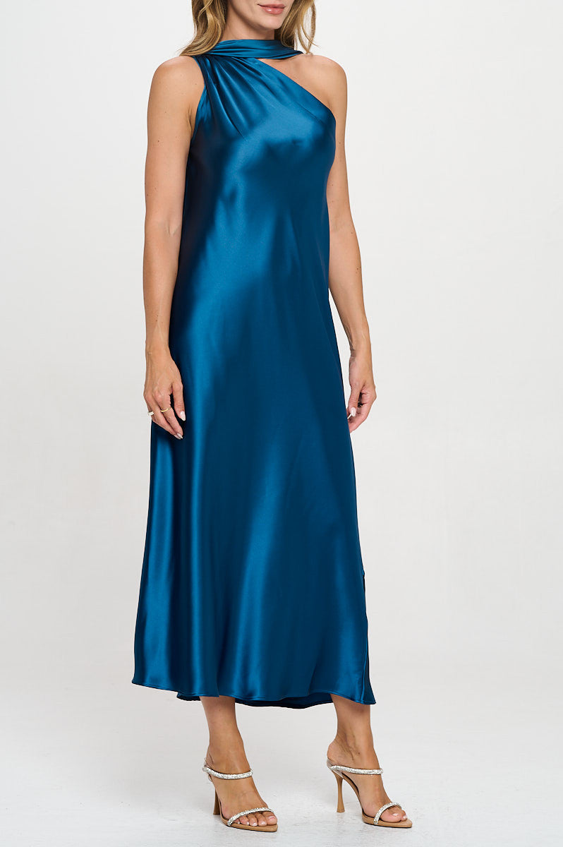 One Shoulder Satin Maxi Dress with Scarf Detail