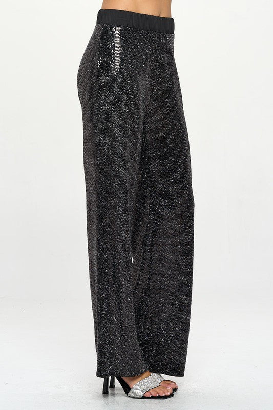 Sequins Wide Leg Pants with Satin Waistband