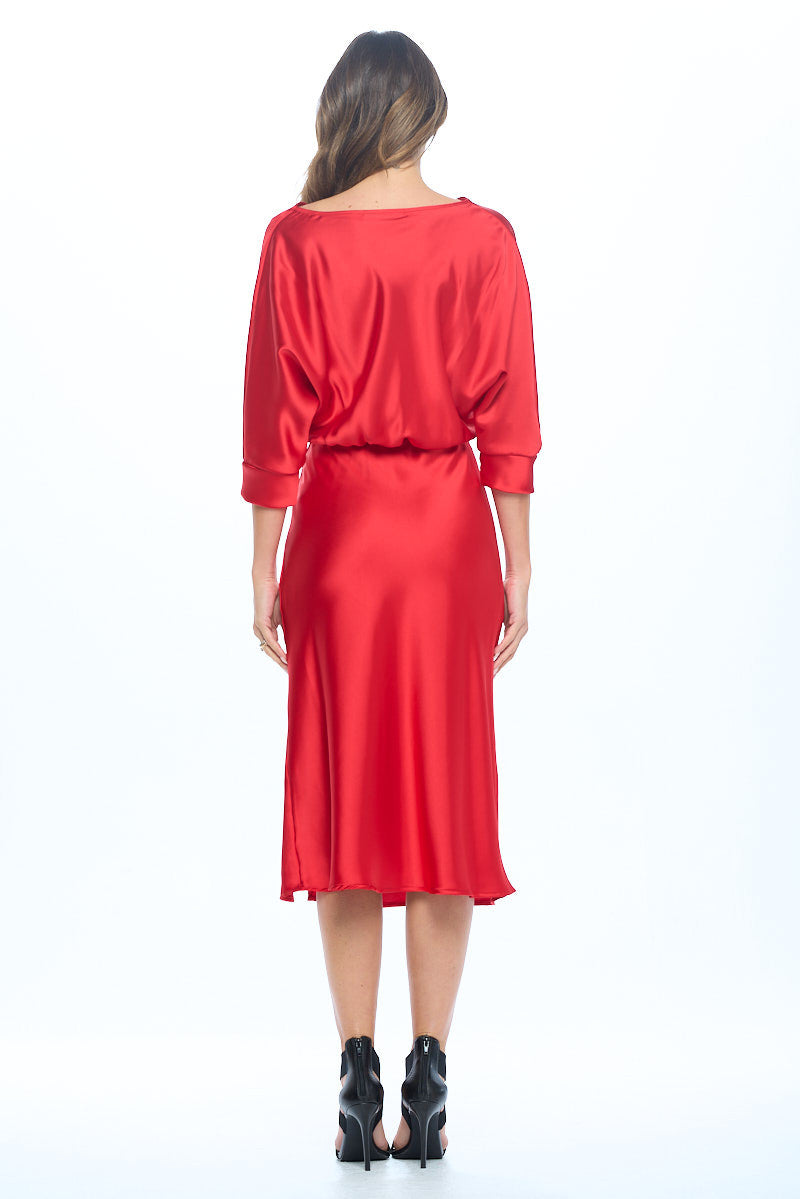 Stretch Satin Print 3/4 Sleeve Dress with Slit
