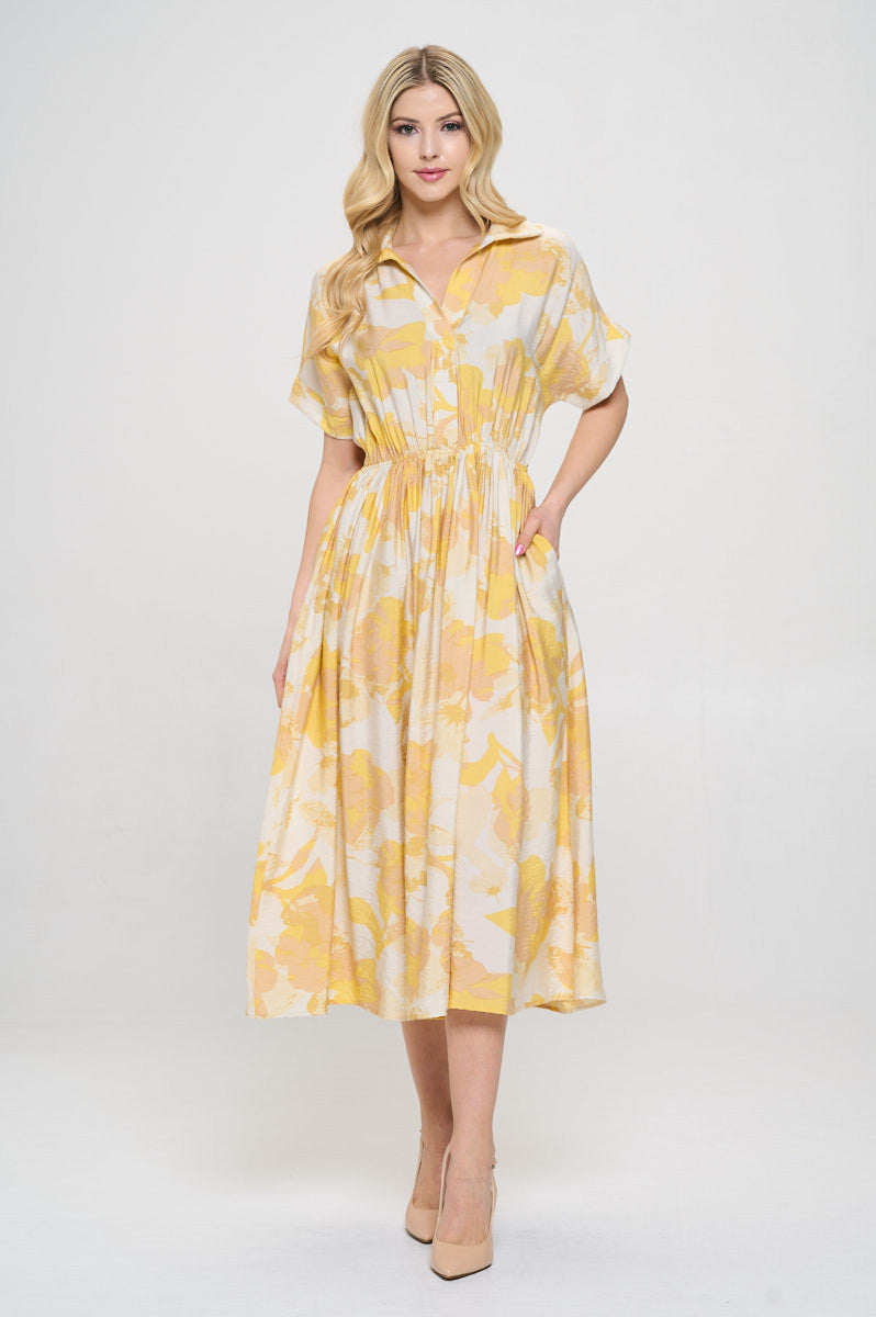 Flower Print Collared V neck Dress with Pockets-2