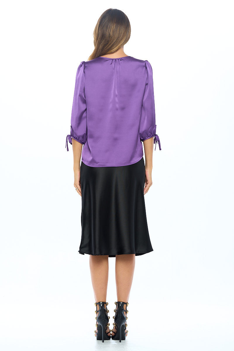 Stretch Satin Bold V neck Top with Tie Sleeve-6