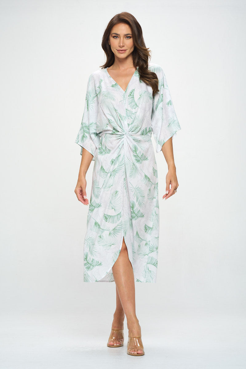 Tencel Tropical Leaf Print Kimono Style Dress with Front Twist