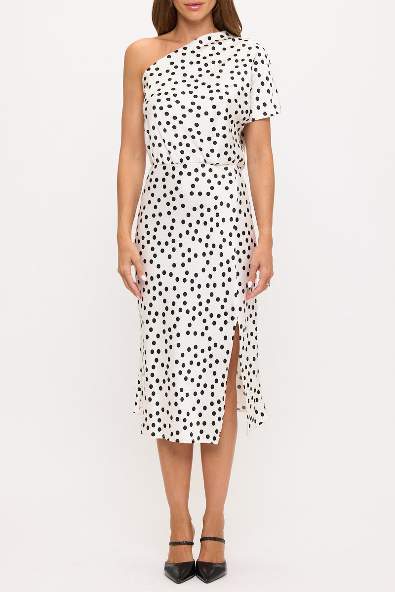 Polka Dot Stretch Satin One Shoulder Dress